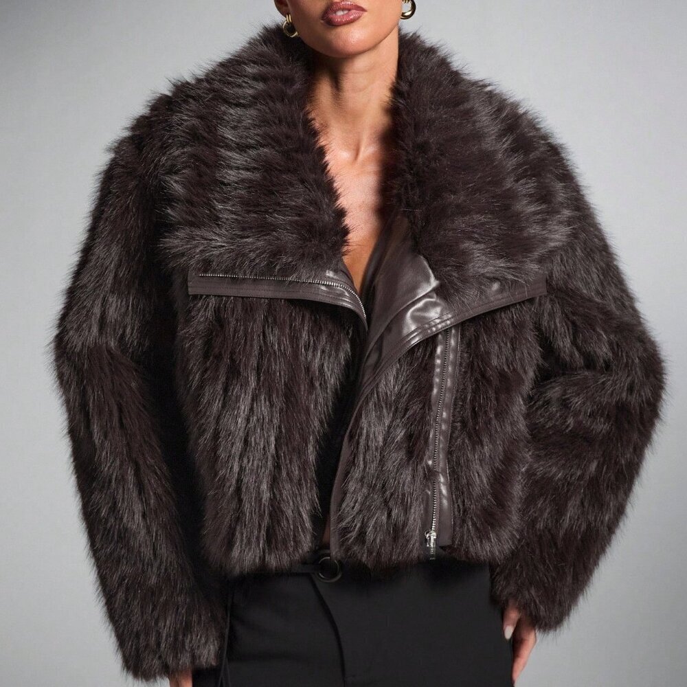 Brown Elegant Women's Oversized Patchwork Faux Fur Coat jacket - Picture 5 of 9